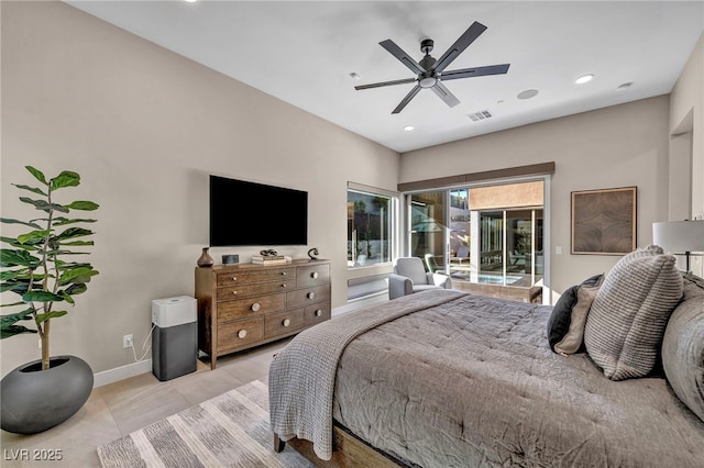 819 Bolide St, Las Vegas, NV 89138 - bedroom featuring access to exterior, baseboards, recessed lighting, and ceiling fan