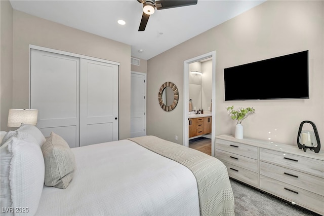819 Bolide St, Las Vegas, NV 89138 - bedroom featuring a closet, recessed lighting, connected bathroom, and a ceiling fan