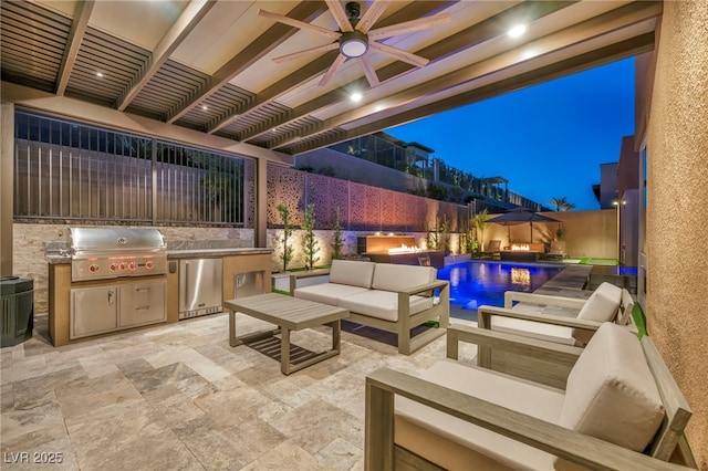 819 Bolide St, Las Vegas, NV 89138 - view of patio / terrace with exterior kitchen, an outdoor living space, grilling area, a fenced backyard, and ceiling fan
