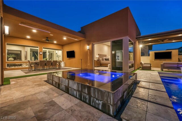 819 Bolide St, Las Vegas, NV 89138 - swimming pool featuring a jacuzzi, a patio, a ceiling fan, and outdoor dining space