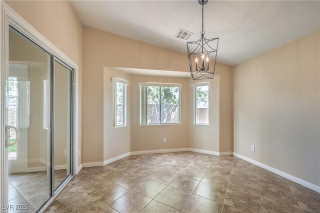 8664 Frasure Falls Ave, Las Vegas, NV 89178 - unfurnished dining area with lofted ceiling, baseboards, an inviting chandelier, visible vents, and tile patterned floors
