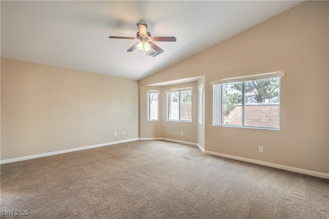 8664 Frasure Falls Ave, Las Vegas, NV 89178 - unfurnished room with carpet flooring, visible vents, lofted ceiling, and a ceiling fan