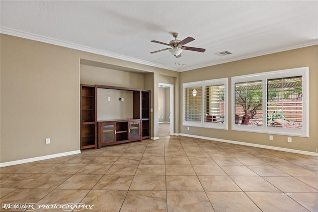 unfurnished living room featuring ornamental molding, visible vents, baseboards, and ceiling fan