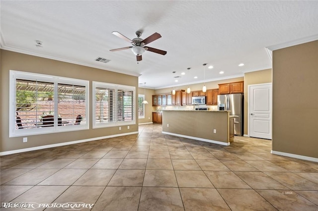unfurnished living room with crown molding, visible vents, light tile patterned flooring, and ceiling fan