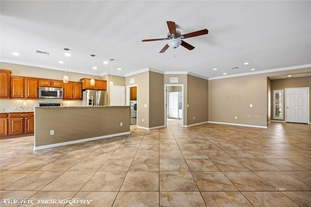 unfurnished living room with light tile patterned floors, a ceiling fan, visible vents, washer / dryer, and recessed lighting