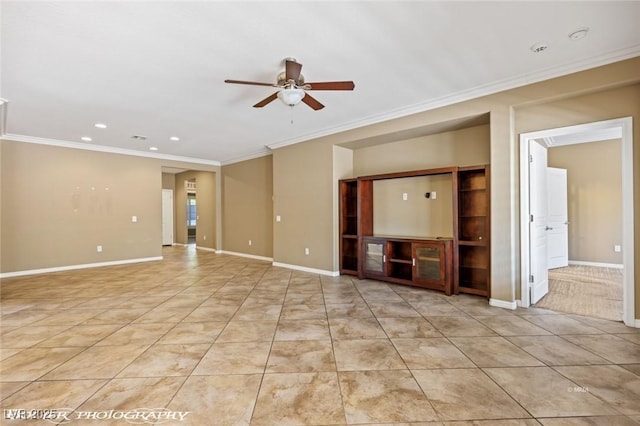 unfurnished room featuring crown molding, light tile patterned floors, a ceiling fan, and recessed lighting