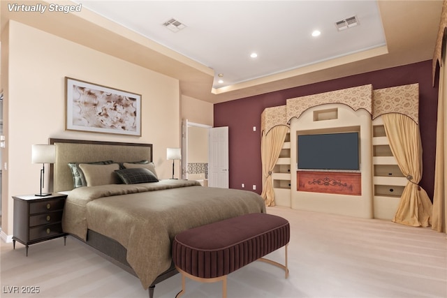 1008 Trophy Hills Dr, Las Vegas, NV 89134 - bedroom with light colored carpet, visible vents, a tray ceiling, and recessed lighting