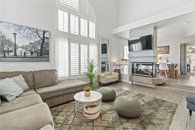 living area featuring hardwood / wood-style flooring, a multi sided fireplace, and a towering ceiling