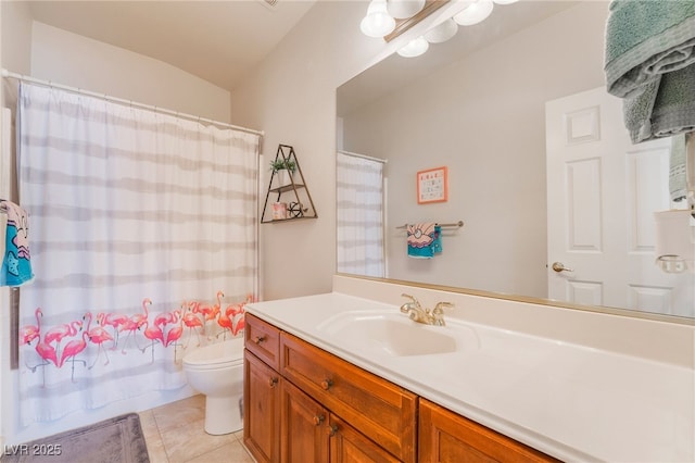 full bath featuring vanity, toilet, shower / bathtub combination with curtain, and tile patterned floors