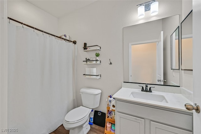 2486 Dragon Fire Ln, Henderson, NV 89052 - bathroom featuring toilet, a shower with curtain, and vanity