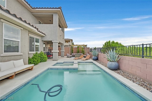 2486 Dragon Fire Ln, Henderson, NV 89052 - view of pool featuring an outdoor living space, a fenced in pool, a patio area, an in ground hot tub, and a fenced backyard