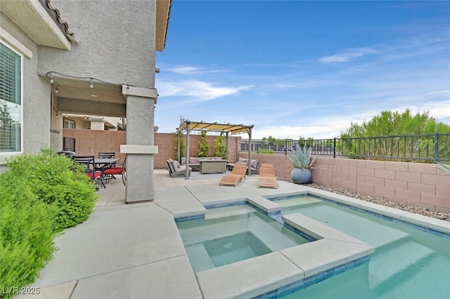 2486 Dragon Fire Ln, Henderson, NV 89052 - view of pool featuring a fenced backyard, a patio area, an outdoor hangout area, and a pool with connected hot tub