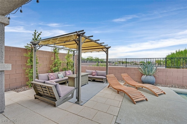 2486 Dragon Fire Ln, Henderson, NV 89052 - view of patio / terrace featuring outdoor lounge area, a pergola, and a fenced backyard