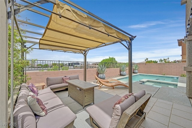 2486 Dragon Fire Ln, Henderson, NV 89052 - view of patio with an outdoor living space, an in-ground hot tub, and a fenced backyard
