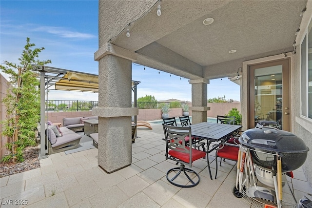 2486 Dragon Fire Ln, Henderson, NV 89052 - view of patio / terrace with a fenced backyard, area for grilling, an outdoor living space, and outdoor dining area