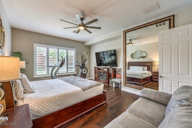409 Lake Windemere St, Las Vegas, NV 89138 - bedroom featuring ceiling fan, baseboards, dark wood-style floors, and visible vents