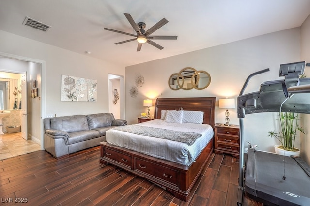 409 Lake Windemere St, Las Vegas, NV 89138 - bedroom with dark wood finished floors, visible vents, baseboards, and a ceiling fan