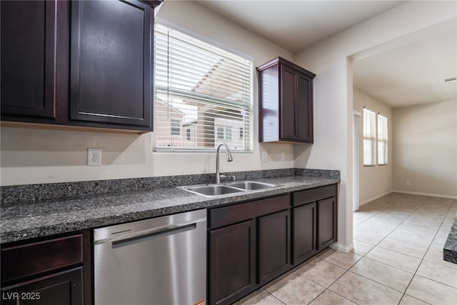 6412 Dimatteo St, Las Vegas, NV 89148 - kitchen with stainless steel dishwasher, dark countertops, light tile patterned floors, and dark brown cabinets