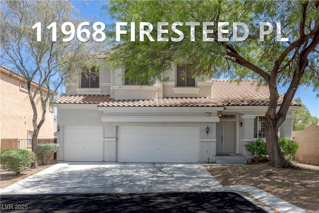 11698 Firesteed Pl, Las Vegas, NV 89141 - mediterranean / spanish-style home featuring concrete driveway, a tiled roof, stucco siding, and fence