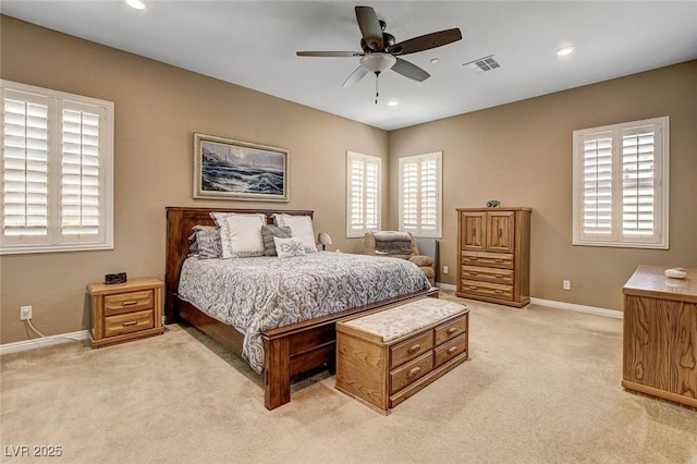 2425 Amatrice St, Henderson, NV 89044 - bedroom featuring visible vents, baseboards, ceiling fan, light colored carpet, and recessed lighting