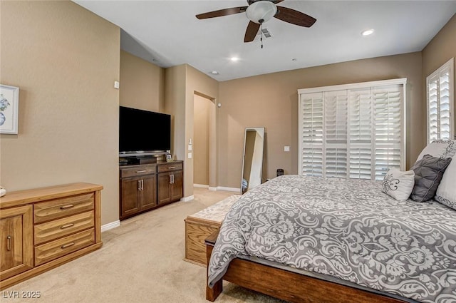 2425 Amatrice St, Henderson, NV 89044 - bedroom featuring visible vents, baseboards, ceiling fan, light colored carpet, and recessed lighting