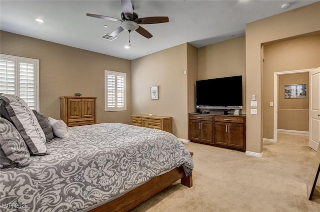 2425 Amatrice St, Henderson, NV 89044 - bedroom with a ceiling fan, visible vents, baseboards, light colored carpet, and recessed lighting