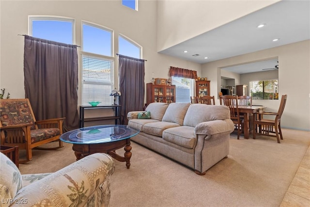 11132 Ferragamo Ct, Las Vegas, NV 89141 - living room featuring recessed lighting, light carpet, and ceiling fan