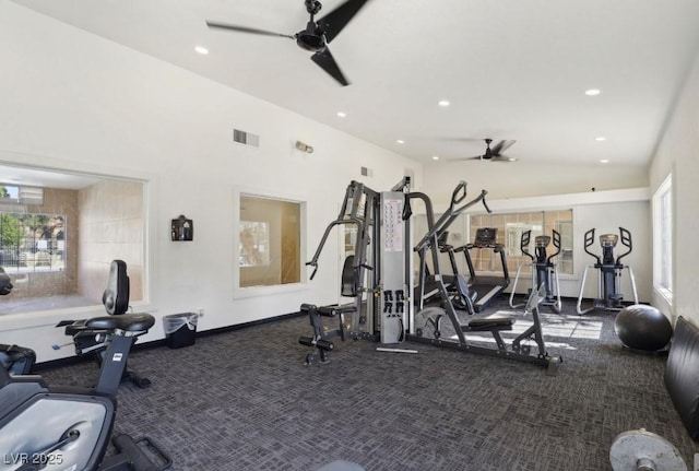 workout area featuring a ceiling fan, recessed lighting, baseboards, and carpet floors