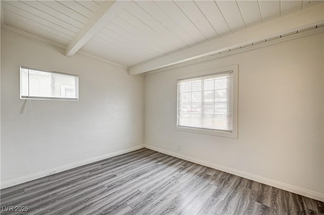 empty room featuring wood finished floors, beam ceiling, wood ceiling, and baseboards