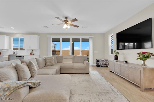 living room with a ceiling fan, a wealth of natural light, light wood-style flooring, and visible vents
