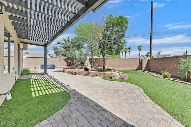 view of yard featuring a patio area, a pergola, and a fenced backyard