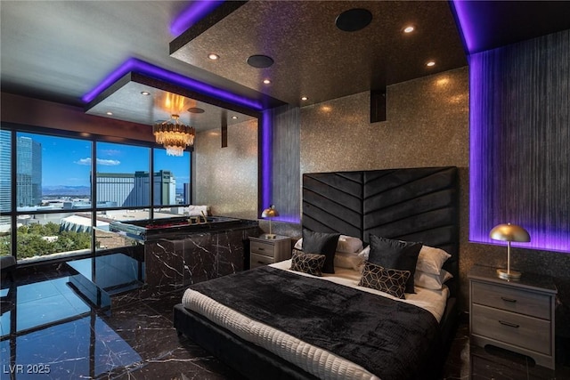 bedroom with marble finish floor and recessed lighting