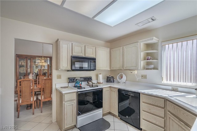 kitchen featuring light tile patterned floors, visible vents, open shelves, black appliances, and light countertops