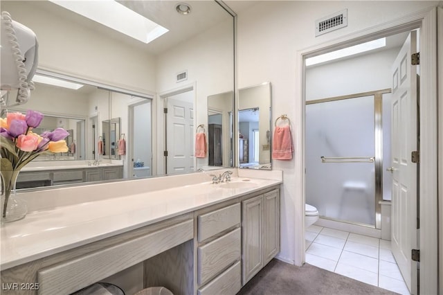 bathroom featuring toilet, vanity, visible vents, and a skylight