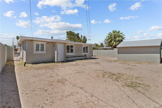 rear view of property with a fenced backyard and stucco siding