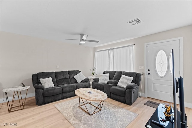 living area featuring light wood finished floors, baseboards, ceiling fan, and visible vents