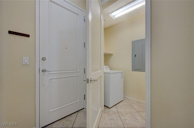 50 E Serene Ave Unit 420, Las Vegas, NV 89123 - laundry area with washer / clothes dryer, electric panel, light tile patterned floors, and baseboards