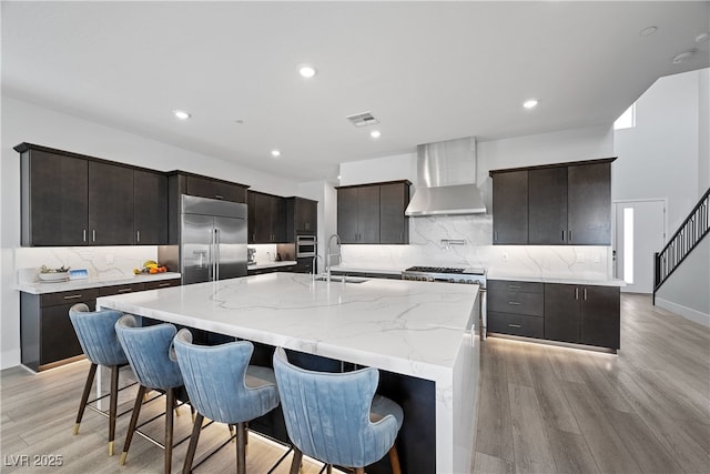 kitchen with a sink, visible vents, wall chimney exhaust hood, high end appliances, and light wood-style floors