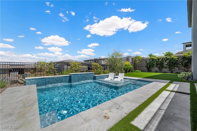 view of swimming pool featuring a fenced backyard, a fenced in pool, and a lawn