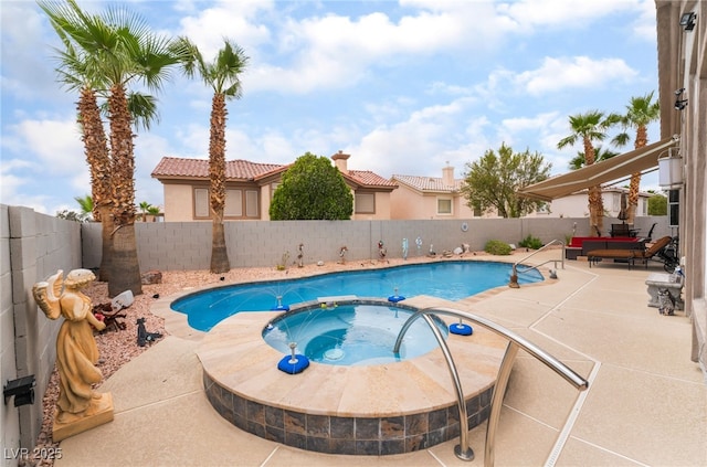 view of swimming pool with a fenced backyard, an in ground hot tub, a patio, and a fenced in pool