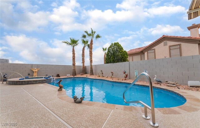 view of swimming pool featuring a patio, an in ground hot tub, a fenced in pool, and a fenced backyard
