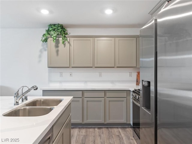 kitchen with stainless steel appliances, light wood finished floors, a sink, light countertops, and gray cabinets