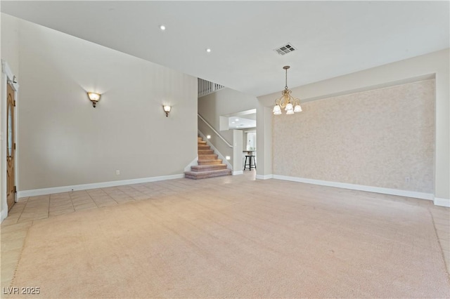 1287 Dove Tree Ct, Henderson, NV 89014 - unfurnished living room featuring visible vents, baseboards, stairway, a chandelier, and recessed lighting