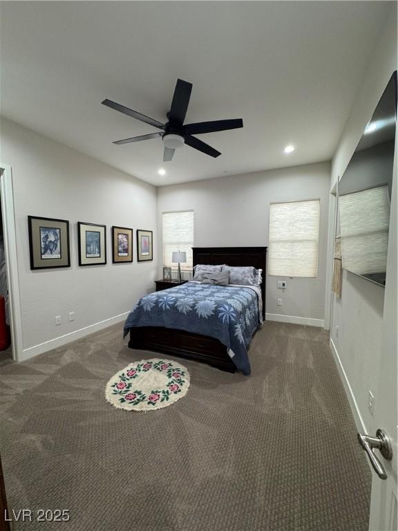 bedroom with carpet flooring, baseboards, and recessed lighting