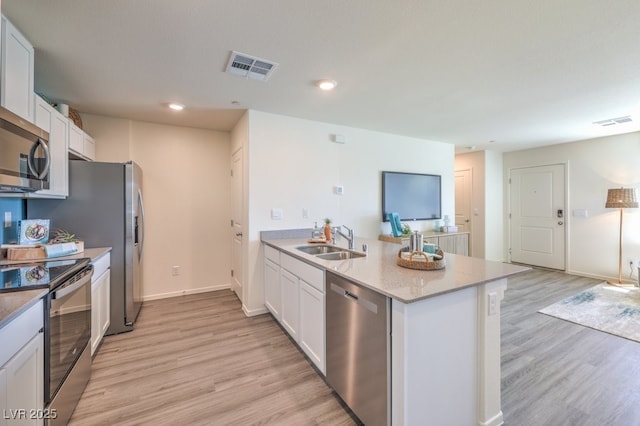 kitchen featuring a sink, a peninsula, light wood-style floors, and appliances with stainless steel finishes