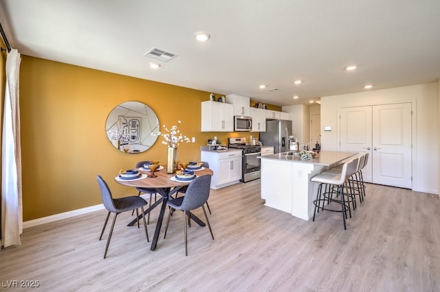 kitchen with light wood-style flooring, visible vents, white cabinetry, stainless steel appliances, and an island with sink