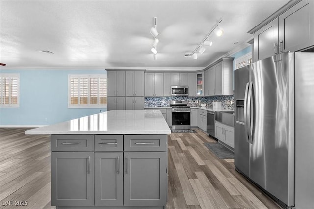 kitchen featuring light countertops, appliances with stainless steel finishes, gray cabinets, and wood finished floors
