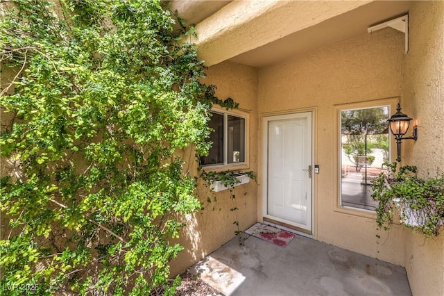 doorway to property featuring stucco siding