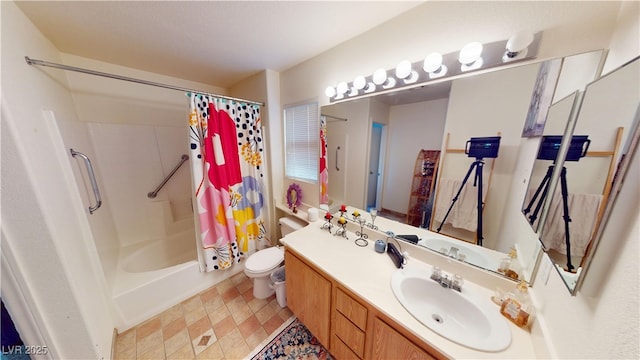 bathroom with toilet, shower / tub combo with curtain, and vanity