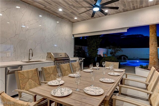 dining room featuring wood ceiling, a ceiling fan, and recessed lighting